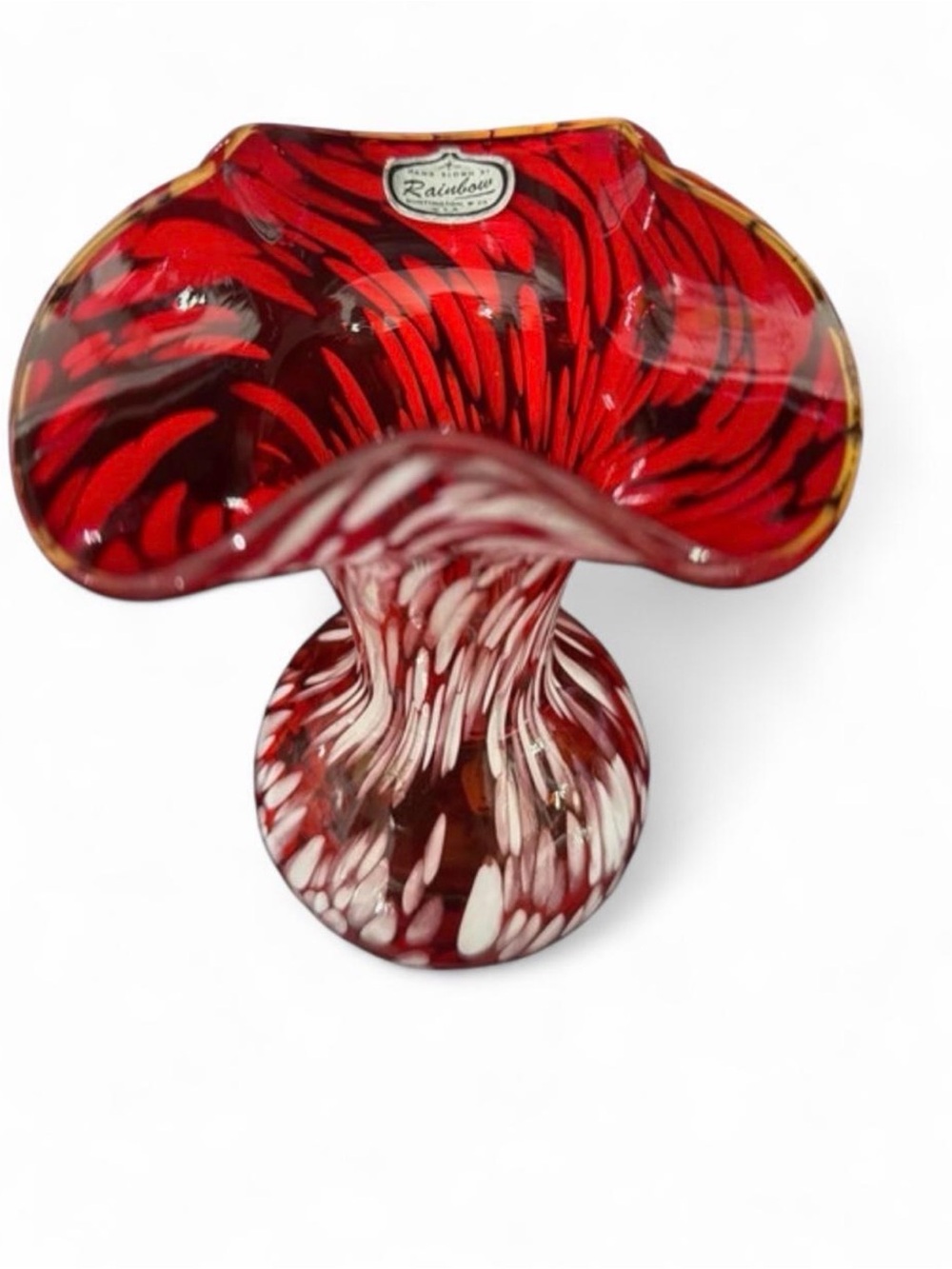 Rainbow Art Glass Co Red Bud Vase - Ruffled Decorative White Accent